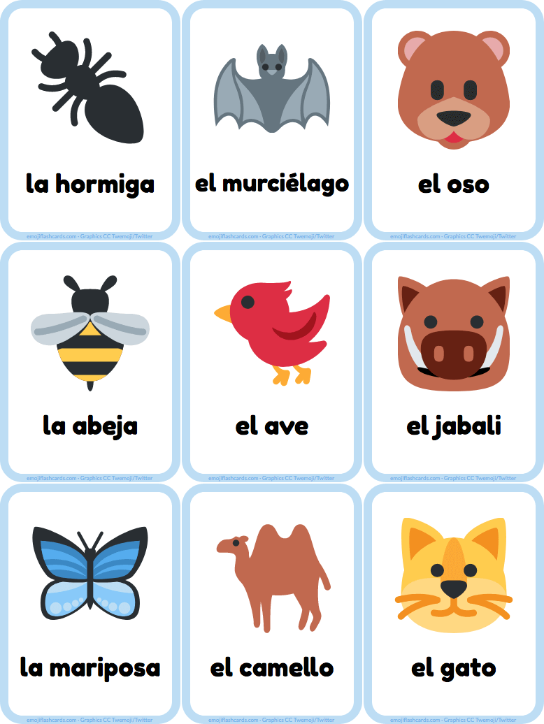 A preview of a print out of small animals Spanish flashcards.